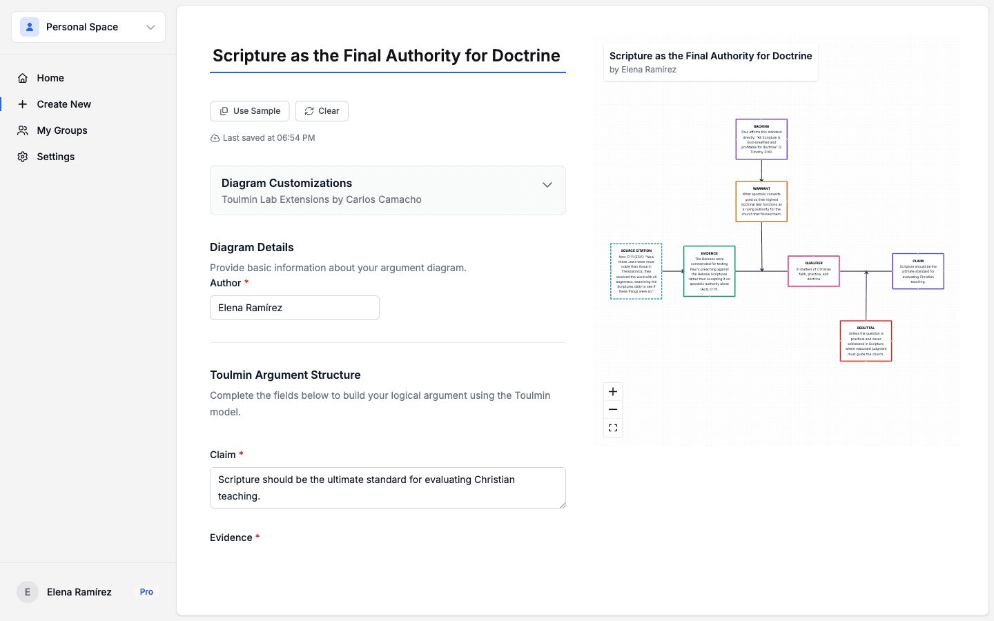 Manual diagram builder with a form on the left and a live full Toulmin diagram on the right
